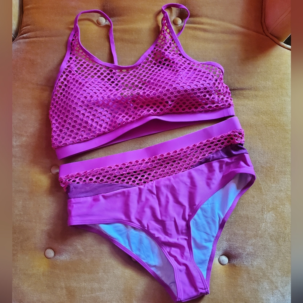 Hot Pink Two piece Swimsuit Adjustable Straps, Pads, Netting